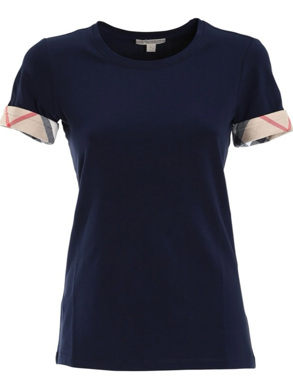 Burberry Navy Short Sleeve Tee with Signature Plaid Sleeve Trim